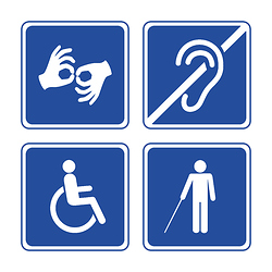 Symbols for mute, d/Deaf, wheelchair, blind access